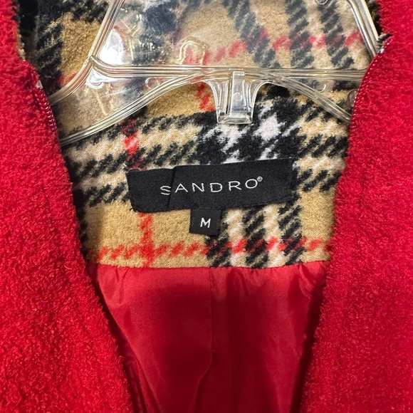Sandro Paris Red Boucle Teddy Jacket | Plaid Hood Lining | Women’s Size M - Picture 7 of 11
